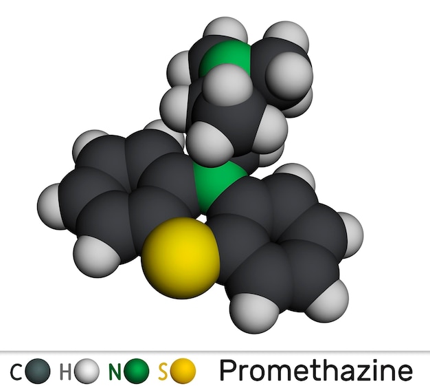 Promethazine antihistamine drug molecule Molecular model 3D rendering