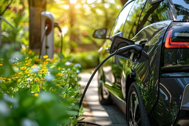 Promoting Sustainable Transportation Electric Car Charging at Station with Greenery in Background Concept Environmental Impact Electric Vehicles Sustainable Lifestyle Renewable Energy