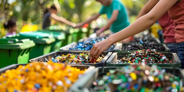 Photo promoting waste reduction through recycling bins and sorting materials concept recycling bins waste reduction sorting materials environmentally friendly sustainable practices