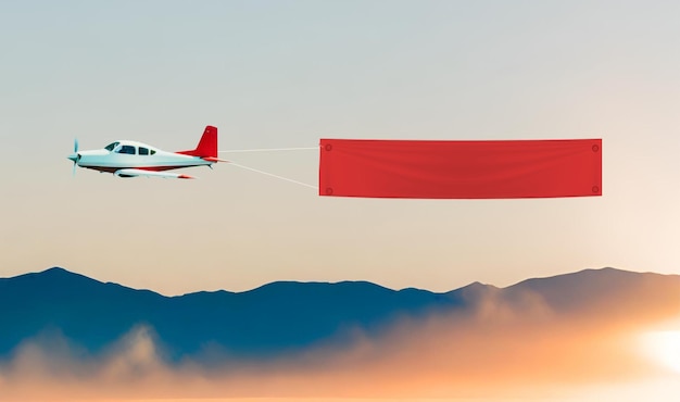 Promotion Airplane with banner horizontal a red banner Sky background with empty space for text for