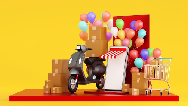 Promotion stage show shopping cart parcel box balloon with smartphone online shopping 3D rendering