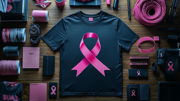 Photo a promotional image showing a tshirt with a large pink ribbon design surrounded by supporting