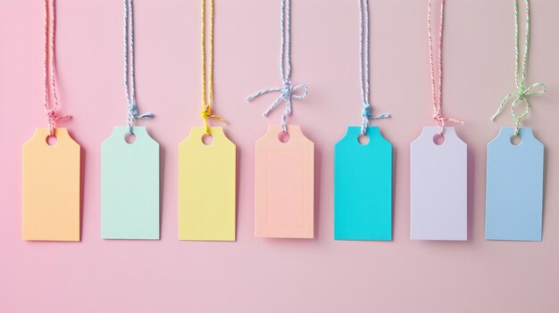 Photo promotional labels in soft pastel colors hanging against a vibrant pink backdrop