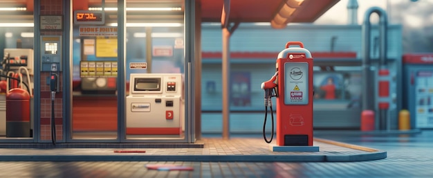 Photo promotional material featuring a 3d fuel pump at a gas station