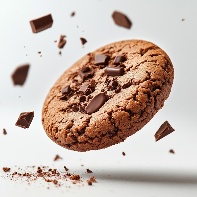 Promotional shot of chocolate cookies with chocolate crumbs flying through the air