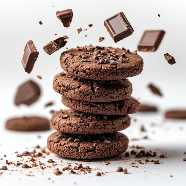 Photo promotional shot of chocolate cookies with chocolate crumbs flying through the air