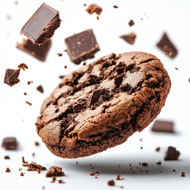 Promotional shot of chocolate cookies with chocolate crumbs flying through the air