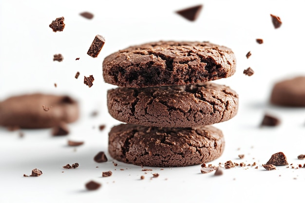 Promotional shot of chocolate cookies with chocolate crumbs flying through the air