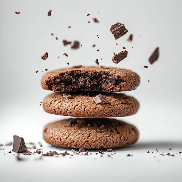 Photo promotional shot of chocolate cookies with chocolate crumbs flying through the air