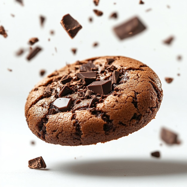 Promotional shot of chocolate cookies with chocolate crumbs flying through the air