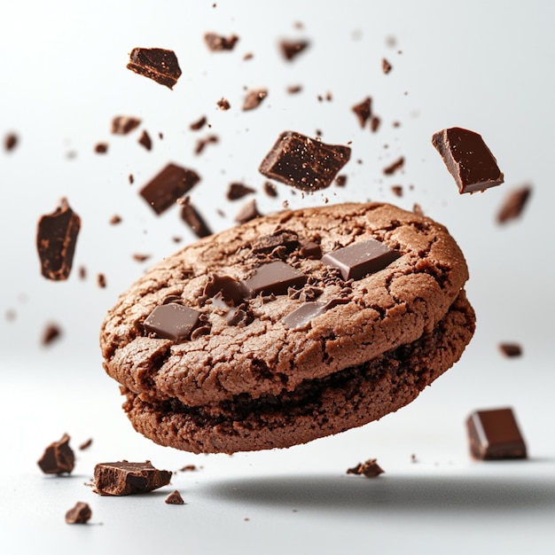 Photo promotional shot of chocolate cookies with chocolate crumbs flying through the air