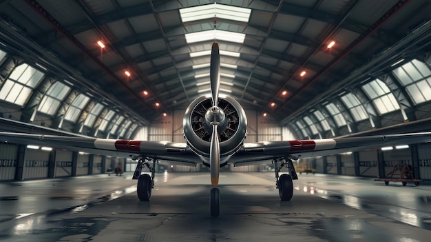 Photo propeller plane resting inside a spacious aircraft hangar