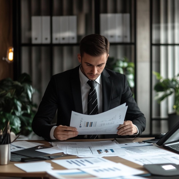 A property manager reviewing financial statements and budgets in a sleek office