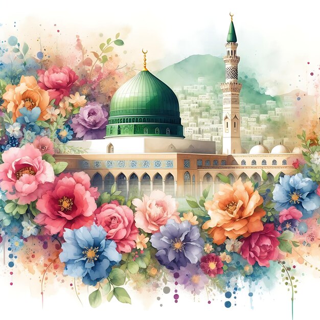 Photo prophet muhammad pbuh mosque in madinah beautiful floral watercolour art