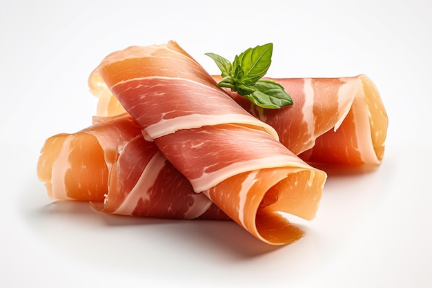 Prosciutto in closeup on a white background