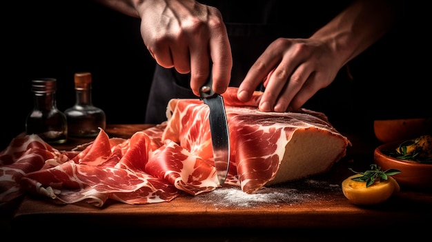 Prosciutto crudo being sliced on a dark table with a knife Generative AI