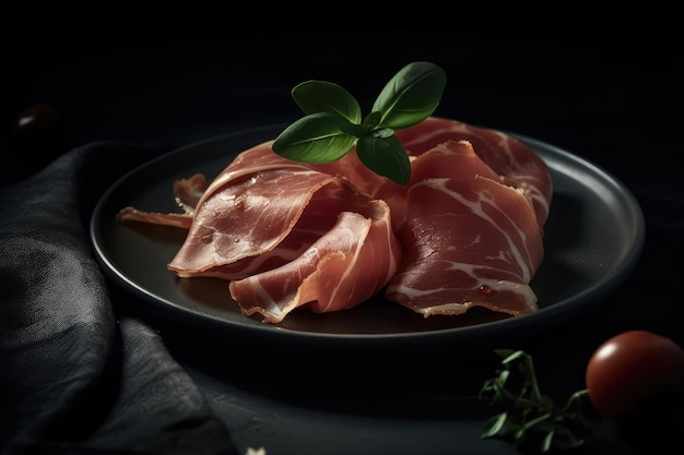 Prosciutto Di Parma On Black Plate Generative AI