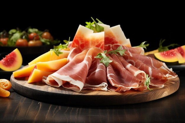 Prosciutto and Melon on Wooden Board Prosciutto e Melone food photography