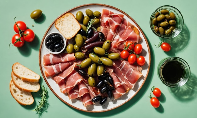 Prosciutto olives and tomatoes on a white plate