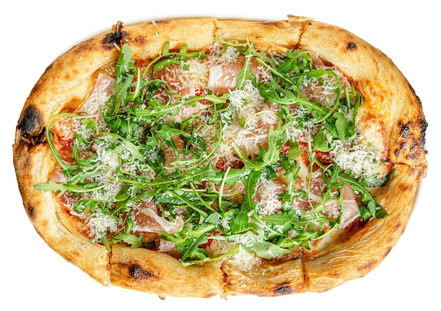 Prosciutto pizza with arugula in Roman style Isolated on white background with clipping path