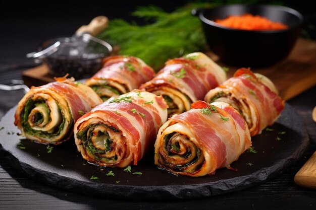 Photo prosciutto rolls with herb filling yummy delicious prosciutto image