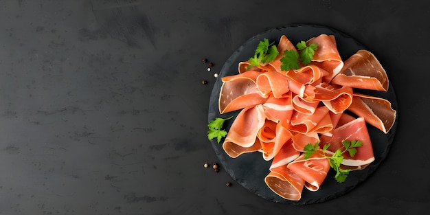 Photo prosciutto slices on slate board with dark background elegantly arranged concept food styling gourmet presentation charcuterie display stylish food photography