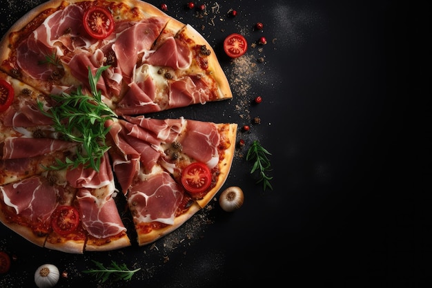 Prosciutto and spiced pizza slices on black background top view copy space