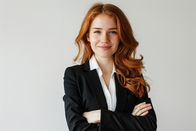 prosperous business elegant woman keeps hands crossed has serious expression