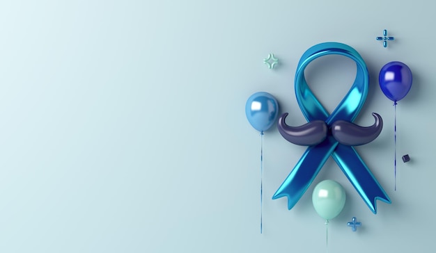 Prostate cancer awareness month with ribbon, mustache, balloon on blue background