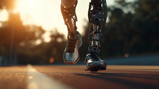 Photo prosthetic running blade positioned on a track bright midday sun