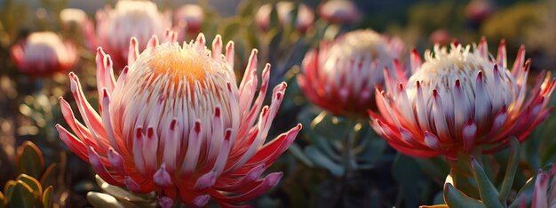 Photo protea flower close up natural floral banner background sharp details