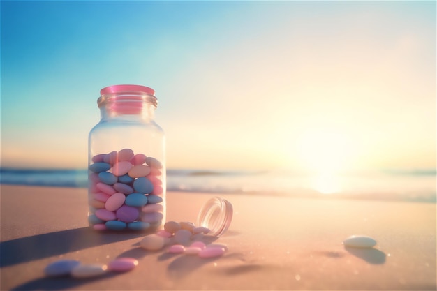 Protect your skin from with sunscreen pills bottle jar with multicolored supplements on the beach