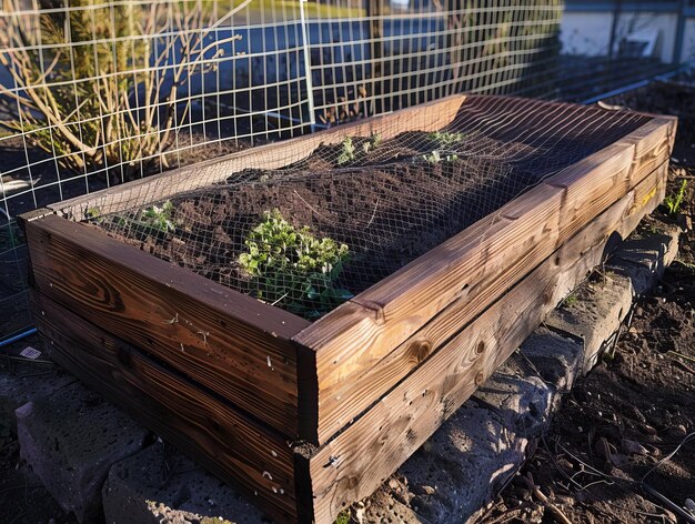 Photo protecting your garden building a wood plank raised bed with wire mesh to keep voles at bay