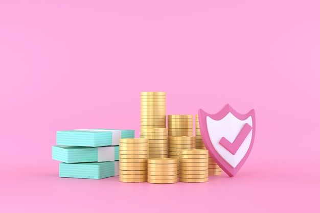 Protection shield icon with coins banknote financial saving insurance pink background