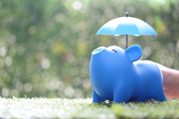 ProtectionPiggy bank with hand holding the umbrella on natural green background