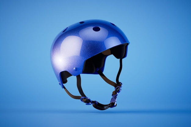 A protective blue sports helmet isolated on blue background 3d render