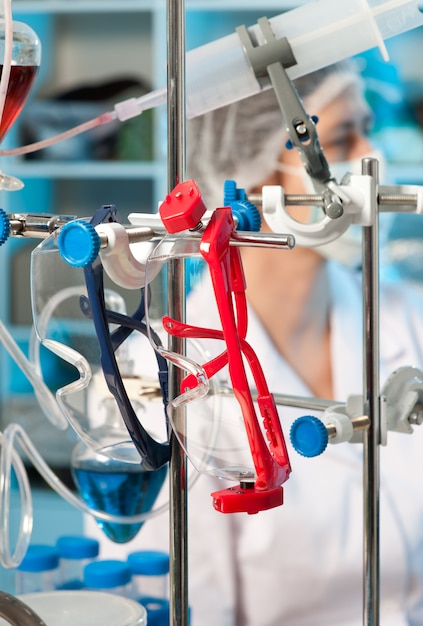 Protective plastic spectacles in chemical lab