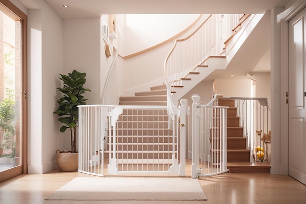 Protective white baby safety stair gate in hallway stairwell modern new house