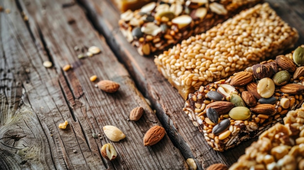 Protein Bars with Nuts and Seeds on Rustic Wooden Table