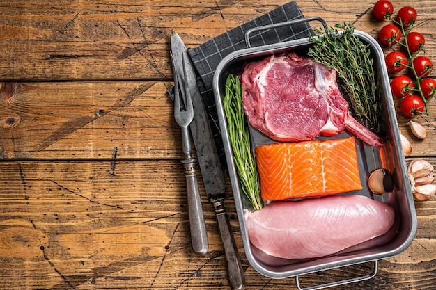 Protein diet raw meat steaks salmon beef or veal and turkey breast fillet Wooden background Top view Copy space