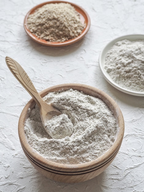 Protein powder. Adaptogens Ashwagandha in a bowl. Nutrition supplement