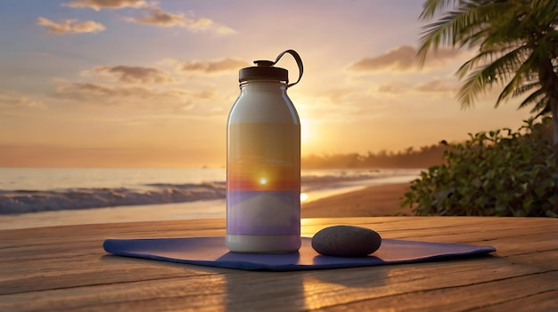 A protein shake bottle with a background of a sunlit and an open field