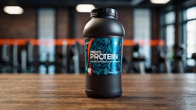 A protein shake bottle with a vibrant gym scene