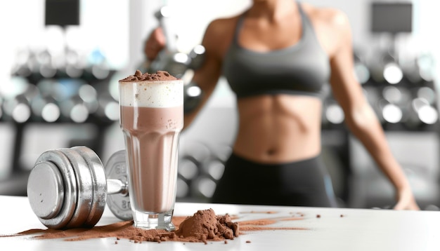 Photo protein shake and dumbbell with blurred woman in studio setting