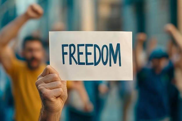 Photo protester holds freedom sign in crowd symbolizing call for civil rights and justice social movement