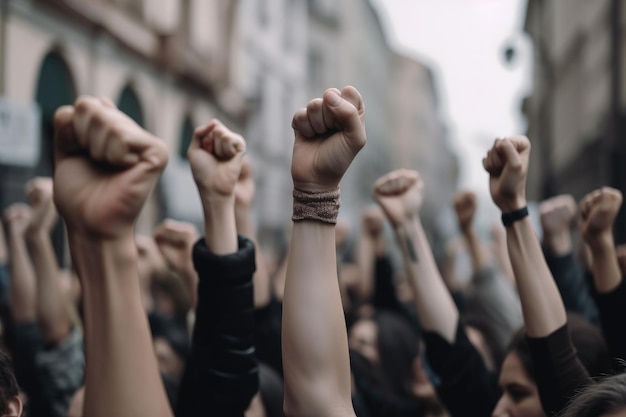 Protesters raising their fist and shouting in a blurry cityscape background Human movement and protest concept with realistic fists Human protesting in a city by raising their fists Generative AI