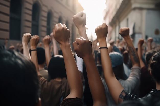 Protesters raising their fists on a cityscape background Human movement concept with protesters fist Urban Movement and human protest concept with blurry buildings Generative AI