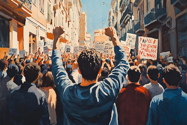 Protesting Crowd in a Mediterranean City Street