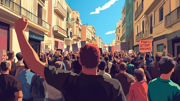 Protesting Crowd in a Mediterranean City Street