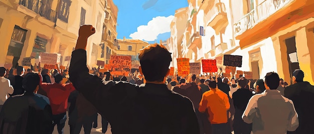 Protesting Crowd in a Mediterranean City Street